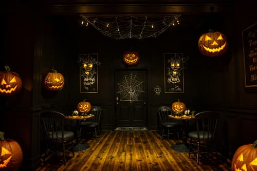 photo from pinterest of halloween-style interior designed (coffee shop interior) . with glowing pumpkins and spiderwebs and human skulls and lanterns and skeletons sitting and standing and yellow black balloons and cobwebs and cobwebs. . cinematic photo, highly detailed, cinematic lighting, ultra-detailed, ultrarealistic, photorealism, 8k. trending on pinterest. halloween interior design style. masterpiece, cinematic light, ultrarealistic+, photorealistic+, 8k, raw photo, realistic, sharp focus on eyes, (symmetrical eyes), (intact eyes), hyperrealistic, highest quality, best quality, , highly detailed, masterpiece, best quality, extremely detailed 8k wallpaper, masterpiece, best quality, ultra-detailed, best shadow, detailed background, detailed face, detailed eyes, high contrast, best illumination, detailed face, dulux, caustic, dynamic angle, detailed glow. dramatic lighting. highly detailed, insanely detailed hair, symmetrical, intricate details, professionally retouched, 8k high definition. strong bokeh. award winning photo.
