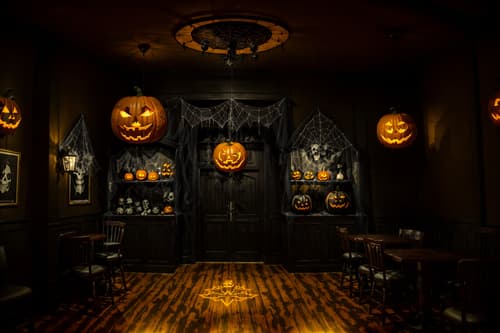 photo from pinterest of halloween-style interior designed (coffee shop interior) . with glowing pumpkins and spiderwebs and human skulls and lanterns and skeletons sitting and standing and yellow black balloons and cobwebs and cobwebs. . cinematic photo, highly detailed, cinematic lighting, ultra-detailed, ultrarealistic, photorealism, 8k. trending on pinterest. halloween interior design style. masterpiece, cinematic light, ultrarealistic+, photorealistic+, 8k, raw photo, realistic, sharp focus on eyes, (symmetrical eyes), (intact eyes), hyperrealistic, highest quality, best quality, , highly detailed, masterpiece, best quality, extremely detailed 8k wallpaper, masterpiece, best quality, ultra-detailed, best shadow, detailed background, detailed face, detailed eyes, high contrast, best illumination, detailed face, dulux, caustic, dynamic angle, detailed glow. dramatic lighting. highly detailed, insanely detailed hair, symmetrical, intricate details, professionally retouched, 8k high definition. strong bokeh. award winning photo.