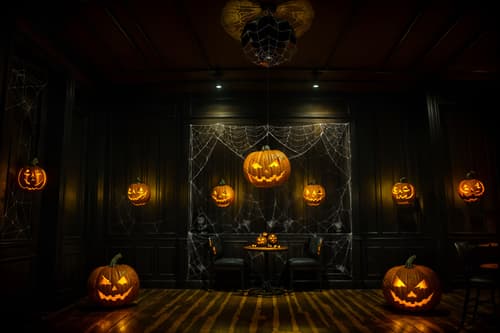 photo from pinterest of halloween-style interior designed (coffee shop interior) . with glowing pumpkins and spiderwebs and human skulls and lanterns and skeletons sitting and standing and yellow black balloons and cobwebs and cobwebs. . cinematic photo, highly detailed, cinematic lighting, ultra-detailed, ultrarealistic, photorealism, 8k. trending on pinterest. halloween interior design style. masterpiece, cinematic light, ultrarealistic+, photorealistic+, 8k, raw photo, realistic, sharp focus on eyes, (symmetrical eyes), (intact eyes), hyperrealistic, highest quality, best quality, , highly detailed, masterpiece, best quality, extremely detailed 8k wallpaper, masterpiece, best quality, ultra-detailed, best shadow, detailed background, detailed face, detailed eyes, high contrast, best illumination, detailed face, dulux, caustic, dynamic angle, detailed glow. dramatic lighting. highly detailed, insanely detailed hair, symmetrical, intricate details, professionally retouched, 8k high definition. strong bokeh. award winning photo.