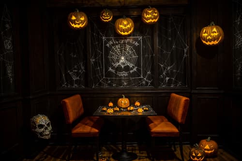 photo from pinterest of halloween-style interior designed (coffee shop interior) . with glowing pumpkins and spiderwebs and human skulls and lanterns and skeletons sitting and standing and yellow black balloons and cobwebs and cobwebs. . cinematic photo, highly detailed, cinematic lighting, ultra-detailed, ultrarealistic, photorealism, 8k. trending on pinterest. halloween interior design style. masterpiece, cinematic light, ultrarealistic+, photorealistic+, 8k, raw photo, realistic, sharp focus on eyes, (symmetrical eyes), (intact eyes), hyperrealistic, highest quality, best quality, , highly detailed, masterpiece, best quality, extremely detailed 8k wallpaper, masterpiece, best quality, ultra-detailed, best shadow, detailed background, detailed face, detailed eyes, high contrast, best illumination, detailed face, dulux, caustic, dynamic angle, detailed glow. dramatic lighting. highly detailed, insanely detailed hair, symmetrical, intricate details, professionally retouched, 8k high definition. strong bokeh. award winning photo.