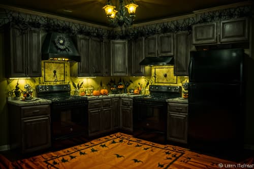 photo from pinterest of halloween-style interior designed (kitchen interior) with kitchen cabinets and refrigerator and sink and stove and worktops and plant and kitchen cabinets. . with cobwebs and lanterns and skeletons sitting and standing and glowing pumpkins and lanterns and cobwebs and spiderwebs and human skulls. . cinematic photo, highly detailed, cinematic lighting, ultra-detailed, ultrarealistic, photorealism, 8k. trending on pinterest. halloween interior design style. masterpiece, cinematic light, ultrarealistic+, photorealistic+, 8k, raw photo, realistic, sharp focus on eyes, (symmetrical eyes), (intact eyes), hyperrealistic, highest quality, best quality, , highly detailed, masterpiece, best quality, extremely detailed 8k wallpaper, masterpiece, best quality, ultra-detailed, best shadow, detailed background, detailed face, detailed eyes, high contrast, best illumination, detailed face, dulux, caustic, dynamic angle, detailed glow. dramatic lighting. highly detailed, insanely detailed hair, symmetrical, intricate details, professionally retouched, 8k high definition. strong bokeh. award winning photo.