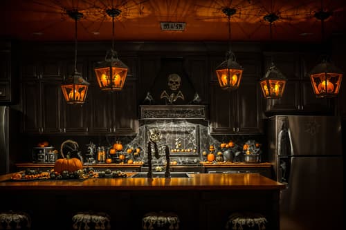 photo from pinterest of halloween-style interior designed (kitchen interior) with kitchen cabinets and refrigerator and sink and stove and worktops and plant and kitchen cabinets. . with cobwebs and lanterns and skeletons sitting and standing and glowing pumpkins and lanterns and cobwebs and spiderwebs and human skulls. . cinematic photo, highly detailed, cinematic lighting, ultra-detailed, ultrarealistic, photorealism, 8k. trending on pinterest. halloween interior design style. masterpiece, cinematic light, ultrarealistic+, photorealistic+, 8k, raw photo, realistic, sharp focus on eyes, (symmetrical eyes), (intact eyes), hyperrealistic, highest quality, best quality, , highly detailed, masterpiece, best quality, extremely detailed 8k wallpaper, masterpiece, best quality, ultra-detailed, best shadow, detailed background, detailed face, detailed eyes, high contrast, best illumination, detailed face, dulux, caustic, dynamic angle, detailed glow. dramatic lighting. highly detailed, insanely detailed hair, symmetrical, intricate details, professionally retouched, 8k high definition. strong bokeh. award winning photo.