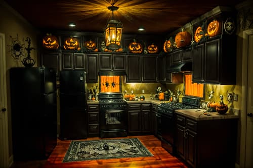 photo from pinterest of halloween-style interior designed (kitchen interior) with kitchen cabinets and refrigerator and sink and stove and worktops and plant and kitchen cabinets. . with cobwebs and lanterns and skeletons sitting and standing and glowing pumpkins and lanterns and cobwebs and spiderwebs and human skulls. . cinematic photo, highly detailed, cinematic lighting, ultra-detailed, ultrarealistic, photorealism, 8k. trending on pinterest. halloween interior design style. masterpiece, cinematic light, ultrarealistic+, photorealistic+, 8k, raw photo, realistic, sharp focus on eyes, (symmetrical eyes), (intact eyes), hyperrealistic, highest quality, best quality, , highly detailed, masterpiece, best quality, extremely detailed 8k wallpaper, masterpiece, best quality, ultra-detailed, best shadow, detailed background, detailed face, detailed eyes, high contrast, best illumination, detailed face, dulux, caustic, dynamic angle, detailed glow. dramatic lighting. highly detailed, insanely detailed hair, symmetrical, intricate details, professionally retouched, 8k high definition. strong bokeh. award winning photo.