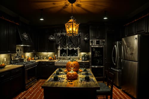 photo from pinterest of halloween-style interior designed (kitchen interior) with kitchen cabinets and refrigerator and sink and stove and worktops and plant and kitchen cabinets. . with cobwebs and lanterns and skeletons sitting and standing and glowing pumpkins and lanterns and cobwebs and spiderwebs and human skulls. . cinematic photo, highly detailed, cinematic lighting, ultra-detailed, ultrarealistic, photorealism, 8k. trending on pinterest. halloween interior design style. masterpiece, cinematic light, ultrarealistic+, photorealistic+, 8k, raw photo, realistic, sharp focus on eyes, (symmetrical eyes), (intact eyes), hyperrealistic, highest quality, best quality, , highly detailed, masterpiece, best quality, extremely detailed 8k wallpaper, masterpiece, best quality, ultra-detailed, best shadow, detailed background, detailed face, detailed eyes, high contrast, best illumination, detailed face, dulux, caustic, dynamic angle, detailed glow. dramatic lighting. highly detailed, insanely detailed hair, symmetrical, intricate details, professionally retouched, 8k high definition. strong bokeh. award winning photo.