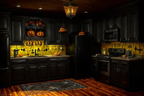 photo from pinterest of halloween-style interior designed (kitchen interior) with kitchen cabinets and refrigerator and sink and stove and worktops and plant and kitchen cabinets. . with cobwebs and lanterns and skeletons sitting and standing and glowing pumpkins and lanterns and cobwebs and spiderwebs and human skulls. . cinematic photo, highly detailed, cinematic lighting, ultra-detailed, ultrarealistic, photorealism, 8k. trending on pinterest. halloween interior design style. masterpiece, cinematic light, ultrarealistic+, photorealistic+, 8k, raw photo, realistic, sharp focus on eyes, (symmetrical eyes), (intact eyes), hyperrealistic, highest quality, best quality, , highly detailed, masterpiece, best quality, extremely detailed 8k wallpaper, masterpiece, best quality, ultra-detailed, best shadow, detailed background, detailed face, detailed eyes, high contrast, best illumination, detailed face, dulux, caustic, dynamic angle, detailed glow. dramatic lighting. highly detailed, insanely detailed hair, symmetrical, intricate details, professionally retouched, 8k high definition. strong bokeh. award winning photo.
