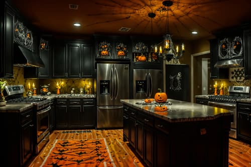 photo from pinterest of halloween-style interior designed (kitchen interior) with kitchen cabinets and refrigerator and sink and stove and worktops and plant and kitchen cabinets. . with cobwebs and lanterns and skeletons sitting and standing and glowing pumpkins and lanterns and cobwebs and spiderwebs and human skulls. . cinematic photo, highly detailed, cinematic lighting, ultra-detailed, ultrarealistic, photorealism, 8k. trending on pinterest. halloween interior design style. masterpiece, cinematic light, ultrarealistic+, photorealistic+, 8k, raw photo, realistic, sharp focus on eyes, (symmetrical eyes), (intact eyes), hyperrealistic, highest quality, best quality, , highly detailed, masterpiece, best quality, extremely detailed 8k wallpaper, masterpiece, best quality, ultra-detailed, best shadow, detailed background, detailed face, detailed eyes, high contrast, best illumination, detailed face, dulux, caustic, dynamic angle, detailed glow. dramatic lighting. highly detailed, insanely detailed hair, symmetrical, intricate details, professionally retouched, 8k high definition. strong bokeh. award winning photo.