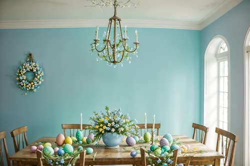 photo from pinterest of easter-style interior designed (exhibition space interior) . with easter decorations and light blue colors and flowers on table and spring decorations and colorful easter eggs and easter decorations. . cinematic photo, highly detailed, cinematic lighting, ultra-detailed, ultrarealistic, photorealism, 8k. trending on pinterest. easter interior design style. masterpiece, cinematic light, ultrarealistic+, photorealistic+, 8k, raw photo, realistic, sharp focus on eyes, (symmetrical eyes), (intact eyes), hyperrealistic, highest quality, best quality, , highly detailed, masterpiece, best quality, extremely detailed 8k wallpaper, masterpiece, best quality, ultra-detailed, best shadow, detailed background, detailed face, detailed eyes, high contrast, best illumination, detailed face, dulux, caustic, dynamic angle, detailed glow. dramatic lighting. highly detailed, insanely detailed hair, symmetrical, intricate details, professionally retouched, 8k high definition. strong bokeh. award winning photo.
