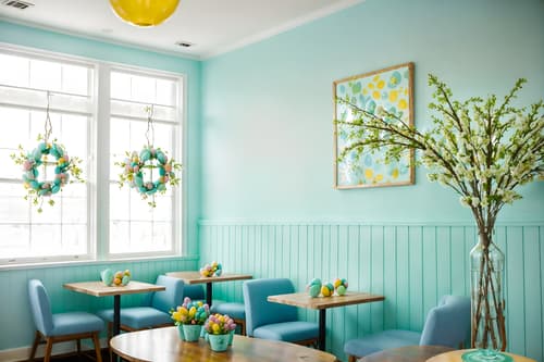 photo from pinterest of easter-style interior designed (coffee shop interior) . with light blue colors and spring decorations and easter decorations and flowers on table and colorful easter eggs and light blue colors. . cinematic photo, highly detailed, cinematic lighting, ultra-detailed, ultrarealistic, photorealism, 8k. trending on pinterest. easter interior design style. masterpiece, cinematic light, ultrarealistic+, photorealistic+, 8k, raw photo, realistic, sharp focus on eyes, (symmetrical eyes), (intact eyes), hyperrealistic, highest quality, best quality, , highly detailed, masterpiece, best quality, extremely detailed 8k wallpaper, masterpiece, best quality, ultra-detailed, best shadow, detailed background, detailed face, detailed eyes, high contrast, best illumination, detailed face, dulux, caustic, dynamic angle, detailed glow. dramatic lighting. highly detailed, insanely detailed hair, symmetrical, intricate details, professionally retouched, 8k high definition. strong bokeh. award winning photo.