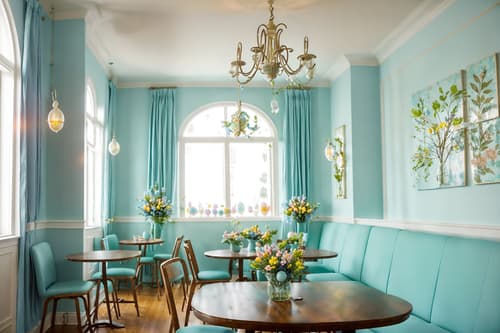photo from pinterest of easter-style interior designed (coffee shop interior) . with light blue colors and spring decorations and easter decorations and flowers on table and colorful easter eggs and light blue colors. . cinematic photo, highly detailed, cinematic lighting, ultra-detailed, ultrarealistic, photorealism, 8k. trending on pinterest. easter interior design style. masterpiece, cinematic light, ultrarealistic+, photorealistic+, 8k, raw photo, realistic, sharp focus on eyes, (symmetrical eyes), (intact eyes), hyperrealistic, highest quality, best quality, , highly detailed, masterpiece, best quality, extremely detailed 8k wallpaper, masterpiece, best quality, ultra-detailed, best shadow, detailed background, detailed face, detailed eyes, high contrast, best illumination, detailed face, dulux, caustic, dynamic angle, detailed glow. dramatic lighting. highly detailed, insanely detailed hair, symmetrical, intricate details, professionally retouched, 8k high definition. strong bokeh. award winning photo.