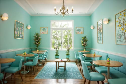photo from pinterest of easter-style interior designed (coffee shop interior) . with light blue colors and spring decorations and easter decorations and flowers on table and colorful easter eggs and light blue colors. . cinematic photo, highly detailed, cinematic lighting, ultra-detailed, ultrarealistic, photorealism, 8k. trending on pinterest. easter interior design style. masterpiece, cinematic light, ultrarealistic+, photorealistic+, 8k, raw photo, realistic, sharp focus on eyes, (symmetrical eyes), (intact eyes), hyperrealistic, highest quality, best quality, , highly detailed, masterpiece, best quality, extremely detailed 8k wallpaper, masterpiece, best quality, ultra-detailed, best shadow, detailed background, detailed face, detailed eyes, high contrast, best illumination, detailed face, dulux, caustic, dynamic angle, detailed glow. dramatic lighting. highly detailed, insanely detailed hair, symmetrical, intricate details, professionally retouched, 8k high definition. strong bokeh. award winning photo.