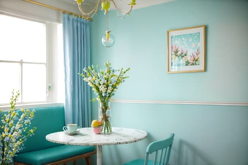photo from pinterest of easter-style interior designed (coffee shop interior) . with light blue colors and spring decorations and easter decorations and flowers on table and colorful easter eggs and light blue colors. . cinematic photo, highly detailed, cinematic lighting, ultra-detailed, ultrarealistic, photorealism, 8k. trending on pinterest. easter interior design style. masterpiece, cinematic light, ultrarealistic+, photorealistic+, 8k, raw photo, realistic, sharp focus on eyes, (symmetrical eyes), (intact eyes), hyperrealistic, highest quality, best quality, , highly detailed, masterpiece, best quality, extremely detailed 8k wallpaper, masterpiece, best quality, ultra-detailed, best shadow, detailed background, detailed face, detailed eyes, high contrast, best illumination, detailed face, dulux, caustic, dynamic angle, detailed glow. dramatic lighting. highly detailed, insanely detailed hair, symmetrical, intricate details, professionally retouched, 8k high definition. strong bokeh. award winning photo.