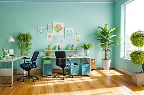 photo from pinterest of easter-style interior designed (office interior) with plants and computer desks and office chairs and office desks and lounge chairs and cabinets and desk lamps and windows. . with colorful easter eggs and light blue colors and spring decorations and easter decorations and flowers on table and colorful easter eggs. . cinematic photo, highly detailed, cinematic lighting, ultra-detailed, ultrarealistic, photorealism, 8k. trending on pinterest. easter interior design style. masterpiece, cinematic light, ultrarealistic+, photorealistic+, 8k, raw photo, realistic, sharp focus on eyes, (symmetrical eyes), (intact eyes), hyperrealistic, highest quality, best quality, , highly detailed, masterpiece, best quality, extremely detailed 8k wallpaper, masterpiece, best quality, ultra-detailed, best shadow, detailed background, detailed face, detailed eyes, high contrast, best illumination, detailed face, dulux, caustic, dynamic angle, detailed glow. dramatic lighting. highly detailed, insanely detailed hair, symmetrical, intricate details, professionally retouched, 8k high definition. strong bokeh. award winning photo.