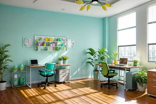 photo from pinterest of easter-style interior designed (office interior) with plants and computer desks and office chairs and office desks and lounge chairs and cabinets and desk lamps and windows. . with colorful easter eggs and light blue colors and spring decorations and easter decorations and flowers on table and colorful easter eggs. . cinematic photo, highly detailed, cinematic lighting, ultra-detailed, ultrarealistic, photorealism, 8k. trending on pinterest. easter interior design style. masterpiece, cinematic light, ultrarealistic+, photorealistic+, 8k, raw photo, realistic, sharp focus on eyes, (symmetrical eyes), (intact eyes), hyperrealistic, highest quality, best quality, , highly detailed, masterpiece, best quality, extremely detailed 8k wallpaper, masterpiece, best quality, ultra-detailed, best shadow, detailed background, detailed face, detailed eyes, high contrast, best illumination, detailed face, dulux, caustic, dynamic angle, detailed glow. dramatic lighting. highly detailed, insanely detailed hair, symmetrical, intricate details, professionally retouched, 8k high definition. strong bokeh. award winning photo.