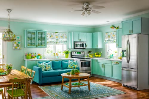 photo from pinterest of easter-style interior designed (kitchen living combo interior) with refrigerator and furniture and occasional tables and kitchen cabinets and plant and sink and plant and sofa. . with easter decorations and spring decorations and flowers on table and colorful easter eggs and light blue colors and easter decorations. . cinematic photo, highly detailed, cinematic lighting, ultra-detailed, ultrarealistic, photorealism, 8k. trending on pinterest. easter interior design style. masterpiece, cinematic light, ultrarealistic+, photorealistic+, 8k, raw photo, realistic, sharp focus on eyes, (symmetrical eyes), (intact eyes), hyperrealistic, highest quality, best quality, , highly detailed, masterpiece, best quality, extremely detailed 8k wallpaper, masterpiece, best quality, ultra-detailed, best shadow, detailed background, detailed face, detailed eyes, high contrast, best illumination, detailed face, dulux, caustic, dynamic angle, detailed glow. dramatic lighting. highly detailed, insanely detailed hair, symmetrical, intricate details, professionally retouched, 8k high definition. strong bokeh. award winning photo.
