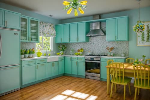 photo from pinterest of easter-style interior designed (kitchen living combo interior) with refrigerator and furniture and occasional tables and kitchen cabinets and plant and sink and plant and sofa. . with easter decorations and spring decorations and flowers on table and colorful easter eggs and light blue colors and easter decorations. . cinematic photo, highly detailed, cinematic lighting, ultra-detailed, ultrarealistic, photorealism, 8k. trending on pinterest. easter interior design style. masterpiece, cinematic light, ultrarealistic+, photorealistic+, 8k, raw photo, realistic, sharp focus on eyes, (symmetrical eyes), (intact eyes), hyperrealistic, highest quality, best quality, , highly detailed, masterpiece, best quality, extremely detailed 8k wallpaper, masterpiece, best quality, ultra-detailed, best shadow, detailed background, detailed face, detailed eyes, high contrast, best illumination, detailed face, dulux, caustic, dynamic angle, detailed glow. dramatic lighting. highly detailed, insanely detailed hair, symmetrical, intricate details, professionally retouched, 8k high definition. strong bokeh. award winning photo.
