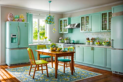 photo from pinterest of easter-style interior designed (kitchen living combo interior) with refrigerator and furniture and occasional tables and kitchen cabinets and plant and sink and plant and sofa. . with easter decorations and spring decorations and flowers on table and colorful easter eggs and light blue colors and easter decorations. . cinematic photo, highly detailed, cinematic lighting, ultra-detailed, ultrarealistic, photorealism, 8k. trending on pinterest. easter interior design style. masterpiece, cinematic light, ultrarealistic+, photorealistic+, 8k, raw photo, realistic, sharp focus on eyes, (symmetrical eyes), (intact eyes), hyperrealistic, highest quality, best quality, , highly detailed, masterpiece, best quality, extremely detailed 8k wallpaper, masterpiece, best quality, ultra-detailed, best shadow, detailed background, detailed face, detailed eyes, high contrast, best illumination, detailed face, dulux, caustic, dynamic angle, detailed glow. dramatic lighting. highly detailed, insanely detailed hair, symmetrical, intricate details, professionally retouched, 8k high definition. strong bokeh. award winning photo.