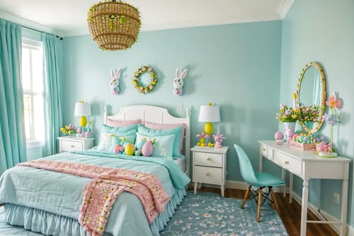 photo from pinterest of easter-style interior designed (kids room interior) with headboard and bedside table or night stand and bed and mirror and kids desk and accent chair and night light and plant. . with spring decorations and flowers on table and light blue colors and easter decorations and colorful easter eggs and spring decorations. . cinematic photo, highly detailed, cinematic lighting, ultra-detailed, ultrarealistic, photorealism, 8k. trending on pinterest. easter interior design style. masterpiece, cinematic light, ultrarealistic+, photorealistic+, 8k, raw photo, realistic, sharp focus on eyes, (symmetrical eyes), (intact eyes), hyperrealistic, highest quality, best quality, , highly detailed, masterpiece, best quality, extremely detailed 8k wallpaper, masterpiece, best quality, ultra-detailed, best shadow, detailed background, detailed face, detailed eyes, high contrast, best illumination, detailed face, dulux, caustic, dynamic angle, detailed glow. dramatic lighting. highly detailed, insanely detailed hair, symmetrical, intricate details, professionally retouched, 8k high definition. strong bokeh. award winning photo.