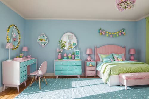 photo from pinterest of easter-style interior designed (kids room interior) with headboard and bedside table or night stand and bed and mirror and kids desk and accent chair and night light and plant. . with spring decorations and flowers on table and light blue colors and easter decorations and colorful easter eggs and spring decorations. . cinematic photo, highly detailed, cinematic lighting, ultra-detailed, ultrarealistic, photorealism, 8k. trending on pinterest. easter interior design style. masterpiece, cinematic light, ultrarealistic+, photorealistic+, 8k, raw photo, realistic, sharp focus on eyes, (symmetrical eyes), (intact eyes), hyperrealistic, highest quality, best quality, , highly detailed, masterpiece, best quality, extremely detailed 8k wallpaper, masterpiece, best quality, ultra-detailed, best shadow, detailed background, detailed face, detailed eyes, high contrast, best illumination, detailed face, dulux, caustic, dynamic angle, detailed glow. dramatic lighting. highly detailed, insanely detailed hair, symmetrical, intricate details, professionally retouched, 8k high definition. strong bokeh. award winning photo.