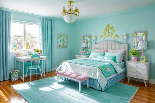 photo from pinterest of easter-style interior designed (kids room interior) with headboard and bedside table or night stand and bed and mirror and kids desk and accent chair and night light and plant. . with spring decorations and flowers on table and light blue colors and easter decorations and colorful easter eggs and spring decorations. . cinematic photo, highly detailed, cinematic lighting, ultra-detailed, ultrarealistic, photorealism, 8k. trending on pinterest. easter interior design style. masterpiece, cinematic light, ultrarealistic+, photorealistic+, 8k, raw photo, realistic, sharp focus on eyes, (symmetrical eyes), (intact eyes), hyperrealistic, highest quality, best quality, , highly detailed, masterpiece, best quality, extremely detailed 8k wallpaper, masterpiece, best quality, ultra-detailed, best shadow, detailed background, detailed face, detailed eyes, high contrast, best illumination, detailed face, dulux, caustic, dynamic angle, detailed glow. dramatic lighting. highly detailed, insanely detailed hair, symmetrical, intricate details, professionally retouched, 8k high definition. strong bokeh. award winning photo.