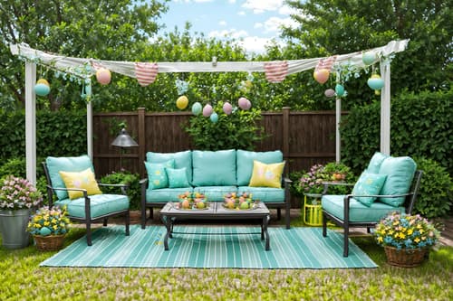 photo from pinterest of easter-style designed (outdoor patio ) with patio couch with pillows and deck with deck chairs and barbeque or grill and grass and plant and patio couch with pillows. . with easter decorations and flowers on table and spring decorations and light blue colors and colorful easter eggs and easter decorations. . cinematic photo, highly detailed, cinematic lighting, ultra-detailed, ultrarealistic, photorealism, 8k. trending on pinterest. easter design style. masterpiece, cinematic light, ultrarealistic+, photorealistic+, 8k, raw photo, realistic, sharp focus on eyes, (symmetrical eyes), (intact eyes), hyperrealistic, highest quality, best quality, , highly detailed, masterpiece, best quality, extremely detailed 8k wallpaper, masterpiece, best quality, ultra-detailed, best shadow, detailed background, detailed face, detailed eyes, high contrast, best illumination, detailed face, dulux, caustic, dynamic angle, detailed glow. dramatic lighting. highly detailed, insanely detailed hair, symmetrical, intricate details, professionally retouched, 8k high definition. strong bokeh. award winning photo.