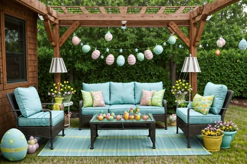photo from pinterest of easter-style designed (outdoor patio ) with patio couch with pillows and deck with deck chairs and barbeque or grill and grass and plant and patio couch with pillows. . with easter decorations and flowers on table and spring decorations and light blue colors and colorful easter eggs and easter decorations. . cinematic photo, highly detailed, cinematic lighting, ultra-detailed, ultrarealistic, photorealism, 8k. trending on pinterest. easter design style. masterpiece, cinematic light, ultrarealistic+, photorealistic+, 8k, raw photo, realistic, sharp focus on eyes, (symmetrical eyes), (intact eyes), hyperrealistic, highest quality, best quality, , highly detailed, masterpiece, best quality, extremely detailed 8k wallpaper, masterpiece, best quality, ultra-detailed, best shadow, detailed background, detailed face, detailed eyes, high contrast, best illumination, detailed face, dulux, caustic, dynamic angle, detailed glow. dramatic lighting. highly detailed, insanely detailed hair, symmetrical, intricate details, professionally retouched, 8k high definition. strong bokeh. award winning photo.