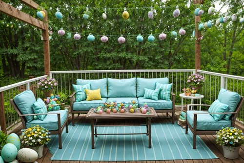 photo from pinterest of easter-style designed (outdoor patio ) with patio couch with pillows and deck with deck chairs and barbeque or grill and grass and plant and patio couch with pillows. . with easter decorations and flowers on table and spring decorations and light blue colors and colorful easter eggs and easter decorations. . cinematic photo, highly detailed, cinematic lighting, ultra-detailed, ultrarealistic, photorealism, 8k. trending on pinterest. easter design style. masterpiece, cinematic light, ultrarealistic+, photorealistic+, 8k, raw photo, realistic, sharp focus on eyes, (symmetrical eyes), (intact eyes), hyperrealistic, highest quality, best quality, , highly detailed, masterpiece, best quality, extremely detailed 8k wallpaper, masterpiece, best quality, ultra-detailed, best shadow, detailed background, detailed face, detailed eyes, high contrast, best illumination, detailed face, dulux, caustic, dynamic angle, detailed glow. dramatic lighting. highly detailed, insanely detailed hair, symmetrical, intricate details, professionally retouched, 8k high definition. strong bokeh. award winning photo.