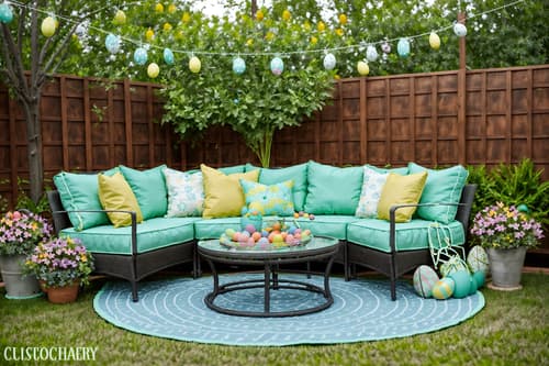 photo from pinterest of easter-style designed (outdoor patio ) with patio couch with pillows and deck with deck chairs and barbeque or grill and grass and plant and patio couch with pillows. . with easter decorations and flowers on table and spring decorations and light blue colors and colorful easter eggs and easter decorations. . cinematic photo, highly detailed, cinematic lighting, ultra-detailed, ultrarealistic, photorealism, 8k. trending on pinterest. easter design style. masterpiece, cinematic light, ultrarealistic+, photorealistic+, 8k, raw photo, realistic, sharp focus on eyes, (symmetrical eyes), (intact eyes), hyperrealistic, highest quality, best quality, , highly detailed, masterpiece, best quality, extremely detailed 8k wallpaper, masterpiece, best quality, ultra-detailed, best shadow, detailed background, detailed face, detailed eyes, high contrast, best illumination, detailed face, dulux, caustic, dynamic angle, detailed glow. dramatic lighting. highly detailed, insanely detailed hair, symmetrical, intricate details, professionally retouched, 8k high definition. strong bokeh. award winning photo.