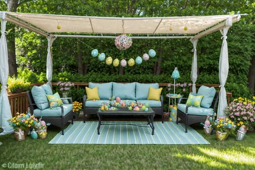 photo from pinterest of easter-style designed (outdoor patio ) with patio couch with pillows and deck with deck chairs and barbeque or grill and grass and plant and patio couch with pillows. . with easter decorations and flowers on table and spring decorations and light blue colors and colorful easter eggs and easter decorations. . cinematic photo, highly detailed, cinematic lighting, ultra-detailed, ultrarealistic, photorealism, 8k. trending on pinterest. easter design style. masterpiece, cinematic light, ultrarealistic+, photorealistic+, 8k, raw photo, realistic, sharp focus on eyes, (symmetrical eyes), (intact eyes), hyperrealistic, highest quality, best quality, , highly detailed, masterpiece, best quality, extremely detailed 8k wallpaper, masterpiece, best quality, ultra-detailed, best shadow, detailed background, detailed face, detailed eyes, high contrast, best illumination, detailed face, dulux, caustic, dynamic angle, detailed glow. dramatic lighting. highly detailed, insanely detailed hair, symmetrical, intricate details, professionally retouched, 8k high definition. strong bokeh. award winning photo.