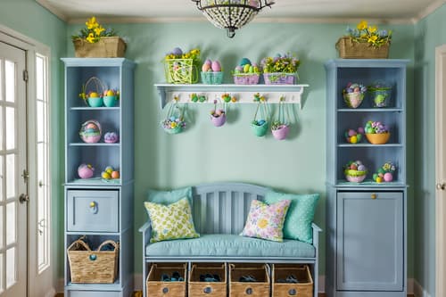photo from pinterest of easter-style interior designed (drop zone interior) with cabinets and cubbies and storage drawers and shelves for shoes and a bench and high up storage and storage baskets and wall hooks for coats. . with flowers on table and spring decorations and light blue colors and colorful easter eggs and easter decorations and flowers on table. . cinematic photo, highly detailed, cinematic lighting, ultra-detailed, ultrarealistic, photorealism, 8k. trending on pinterest. easter interior design style. masterpiece, cinematic light, ultrarealistic+, photorealistic+, 8k, raw photo, realistic, sharp focus on eyes, (symmetrical eyes), (intact eyes), hyperrealistic, highest quality, best quality, , highly detailed, masterpiece, best quality, extremely detailed 8k wallpaper, masterpiece, best quality, ultra-detailed, best shadow, detailed background, detailed face, detailed eyes, high contrast, best illumination, detailed face, dulux, caustic, dynamic angle, detailed glow. dramatic lighting. highly detailed, insanely detailed hair, symmetrical, intricate details, professionally retouched, 8k high definition. strong bokeh. award winning photo.
