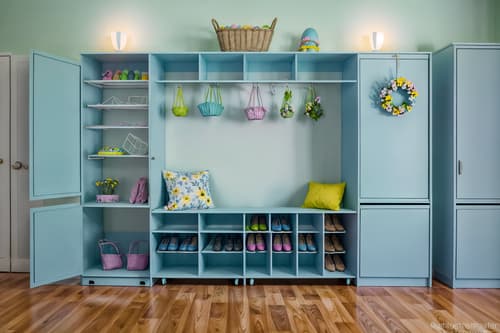 photo from pinterest of easter-style interior designed (drop zone interior) with cabinets and cubbies and storage drawers and shelves for shoes and a bench and high up storage and storage baskets and wall hooks for coats. . with flowers on table and spring decorations and light blue colors and colorful easter eggs and easter decorations and flowers on table. . cinematic photo, highly detailed, cinematic lighting, ultra-detailed, ultrarealistic, photorealism, 8k. trending on pinterest. easter interior design style. masterpiece, cinematic light, ultrarealistic+, photorealistic+, 8k, raw photo, realistic, sharp focus on eyes, (symmetrical eyes), (intact eyes), hyperrealistic, highest quality, best quality, , highly detailed, masterpiece, best quality, extremely detailed 8k wallpaper, masterpiece, best quality, ultra-detailed, best shadow, detailed background, detailed face, detailed eyes, high contrast, best illumination, detailed face, dulux, caustic, dynamic angle, detailed glow. dramatic lighting. highly detailed, insanely detailed hair, symmetrical, intricate details, professionally retouched, 8k high definition. strong bokeh. award winning photo.