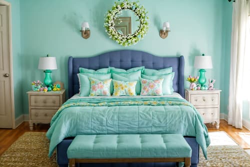 photo from pinterest of easter-style interior designed (bedroom interior) with accent chair and storage bench or ottoman and bed and night light and headboard and dresser closet and bedside table or night stand and mirror. . with flowers on table and spring decorations and light blue colors and easter decorations and colorful easter eggs and flowers on table. . cinematic photo, highly detailed, cinematic lighting, ultra-detailed, ultrarealistic, photorealism, 8k. trending on pinterest. easter interior design style. masterpiece, cinematic light, ultrarealistic+, photorealistic+, 8k, raw photo, realistic, sharp focus on eyes, (symmetrical eyes), (intact eyes), hyperrealistic, highest quality, best quality, , highly detailed, masterpiece, best quality, extremely detailed 8k wallpaper, masterpiece, best quality, ultra-detailed, best shadow, detailed background, detailed face, detailed eyes, high contrast, best illumination, detailed face, dulux, caustic, dynamic angle, detailed glow. dramatic lighting. highly detailed, insanely detailed hair, symmetrical, intricate details, professionally retouched, 8k high definition. strong bokeh. award winning photo.