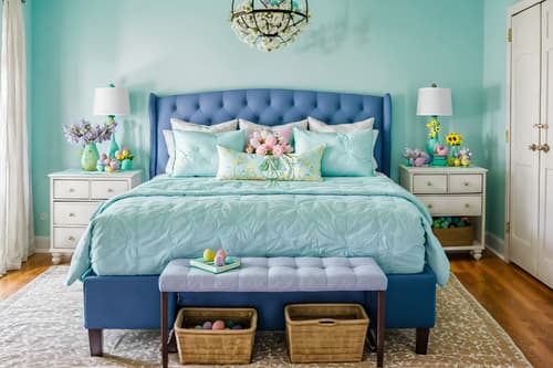 photo from pinterest of easter-style interior designed (bedroom interior) with accent chair and storage bench or ottoman and bed and night light and headboard and dresser closet and bedside table or night stand and mirror. . with flowers on table and spring decorations and light blue colors and easter decorations and colorful easter eggs and flowers on table. . cinematic photo, highly detailed, cinematic lighting, ultra-detailed, ultrarealistic, photorealism, 8k. trending on pinterest. easter interior design style. masterpiece, cinematic light, ultrarealistic+, photorealistic+, 8k, raw photo, realistic, sharp focus on eyes, (symmetrical eyes), (intact eyes), hyperrealistic, highest quality, best quality, , highly detailed, masterpiece, best quality, extremely detailed 8k wallpaper, masterpiece, best quality, ultra-detailed, best shadow, detailed background, detailed face, detailed eyes, high contrast, best illumination, detailed face, dulux, caustic, dynamic angle, detailed glow. dramatic lighting. highly detailed, insanely detailed hair, symmetrical, intricate details, professionally retouched, 8k high definition. strong bokeh. award winning photo.