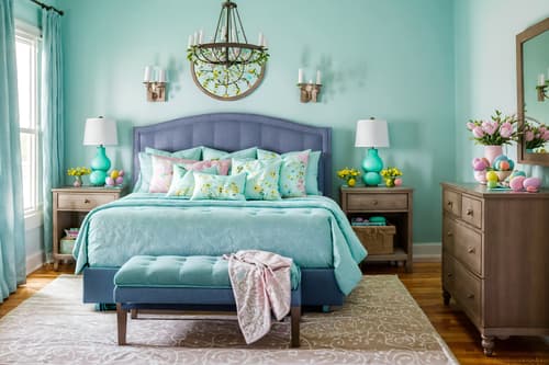 photo from pinterest of easter-style interior designed (bedroom interior) with accent chair and storage bench or ottoman and bed and night light and headboard and dresser closet and bedside table or night stand and mirror. . with flowers on table and spring decorations and light blue colors and easter decorations and colorful easter eggs and flowers on table. . cinematic photo, highly detailed, cinematic lighting, ultra-detailed, ultrarealistic, photorealism, 8k. trending on pinterest. easter interior design style. masterpiece, cinematic light, ultrarealistic+, photorealistic+, 8k, raw photo, realistic, sharp focus on eyes, (symmetrical eyes), (intact eyes), hyperrealistic, highest quality, best quality, , highly detailed, masterpiece, best quality, extremely detailed 8k wallpaper, masterpiece, best quality, ultra-detailed, best shadow, detailed background, detailed face, detailed eyes, high contrast, best illumination, detailed face, dulux, caustic, dynamic angle, detailed glow. dramatic lighting. highly detailed, insanely detailed hair, symmetrical, intricate details, professionally retouched, 8k high definition. strong bokeh. award winning photo.