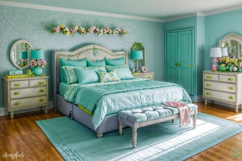 photo from pinterest of easter-style interior designed (bedroom interior) with accent chair and storage bench or ottoman and bed and night light and headboard and dresser closet and bedside table or night stand and mirror. . with flowers on table and spring decorations and light blue colors and easter decorations and colorful easter eggs and flowers on table. . cinematic photo, highly detailed, cinematic lighting, ultra-detailed, ultrarealistic, photorealism, 8k. trending on pinterest. easter interior design style. masterpiece, cinematic light, ultrarealistic+, photorealistic+, 8k, raw photo, realistic, sharp focus on eyes, (symmetrical eyes), (intact eyes), hyperrealistic, highest quality, best quality, , highly detailed, masterpiece, best quality, extremely detailed 8k wallpaper, masterpiece, best quality, ultra-detailed, best shadow, detailed background, detailed face, detailed eyes, high contrast, best illumination, detailed face, dulux, caustic, dynamic angle, detailed glow. dramatic lighting. highly detailed, insanely detailed hair, symmetrical, intricate details, professionally retouched, 8k high definition. strong bokeh. award winning photo.
