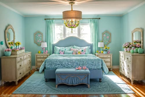 photo from pinterest of easter-style interior designed (bedroom interior) with accent chair and storage bench or ottoman and bed and night light and headboard and dresser closet and bedside table or night stand and mirror. . with flowers on table and spring decorations and light blue colors and easter decorations and colorful easter eggs and flowers on table. . cinematic photo, highly detailed, cinematic lighting, ultra-detailed, ultrarealistic, photorealism, 8k. trending on pinterest. easter interior design style. masterpiece, cinematic light, ultrarealistic+, photorealistic+, 8k, raw photo, realistic, sharp focus on eyes, (symmetrical eyes), (intact eyes), hyperrealistic, highest quality, best quality, , highly detailed, masterpiece, best quality, extremely detailed 8k wallpaper, masterpiece, best quality, ultra-detailed, best shadow, detailed background, detailed face, detailed eyes, high contrast, best illumination, detailed face, dulux, caustic, dynamic angle, detailed glow. dramatic lighting. highly detailed, insanely detailed hair, symmetrical, intricate details, professionally retouched, 8k high definition. strong bokeh. award winning photo.
