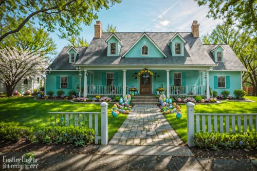 photo from pinterest of easter-style exterior designed (house exterior exterior) . with spring decorations and colorful easter eggs and light blue colors and easter decorations and flowers on table and spring decorations. . cinematic photo, highly detailed, cinematic lighting, ultra-detailed, ultrarealistic, photorealism, 8k. trending on pinterest. easter exterior design style. masterpiece, cinematic light, ultrarealistic+, photorealistic+, 8k, raw photo, realistic, sharp focus on eyes, (symmetrical eyes), (intact eyes), hyperrealistic, highest quality, best quality, , highly detailed, masterpiece, best quality, extremely detailed 8k wallpaper, masterpiece, best quality, ultra-detailed, best shadow, detailed background, detailed face, detailed eyes, high contrast, best illumination, detailed face, dulux, caustic, dynamic angle, detailed glow. dramatic lighting. highly detailed, insanely detailed hair, symmetrical, intricate details, professionally retouched, 8k high definition. strong bokeh. award winning photo.