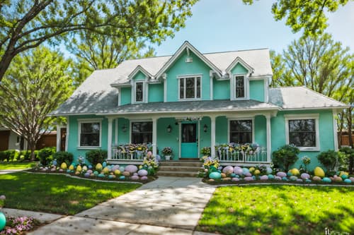 photo from pinterest of easter-style exterior designed (house exterior exterior) . with spring decorations and colorful easter eggs and light blue colors and easter decorations and flowers on table and spring decorations. . cinematic photo, highly detailed, cinematic lighting, ultra-detailed, ultrarealistic, photorealism, 8k. trending on pinterest. easter exterior design style. masterpiece, cinematic light, ultrarealistic+, photorealistic+, 8k, raw photo, realistic, sharp focus on eyes, (symmetrical eyes), (intact eyes), hyperrealistic, highest quality, best quality, , highly detailed, masterpiece, best quality, extremely detailed 8k wallpaper, masterpiece, best quality, ultra-detailed, best shadow, detailed background, detailed face, detailed eyes, high contrast, best illumination, detailed face, dulux, caustic, dynamic angle, detailed glow. dramatic lighting. highly detailed, insanely detailed hair, symmetrical, intricate details, professionally retouched, 8k high definition. strong bokeh. award winning photo.