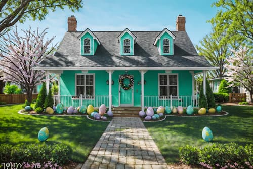 photo from pinterest of easter-style exterior designed (house exterior exterior) . with spring decorations and colorful easter eggs and light blue colors and easter decorations and flowers on table and spring decorations. . cinematic photo, highly detailed, cinematic lighting, ultra-detailed, ultrarealistic, photorealism, 8k. trending on pinterest. easter exterior design style. masterpiece, cinematic light, ultrarealistic+, photorealistic+, 8k, raw photo, realistic, sharp focus on eyes, (symmetrical eyes), (intact eyes), hyperrealistic, highest quality, best quality, , highly detailed, masterpiece, best quality, extremely detailed 8k wallpaper, masterpiece, best quality, ultra-detailed, best shadow, detailed background, detailed face, detailed eyes, high contrast, best illumination, detailed face, dulux, caustic, dynamic angle, detailed glow. dramatic lighting. highly detailed, insanely detailed hair, symmetrical, intricate details, professionally retouched, 8k high definition. strong bokeh. award winning photo.