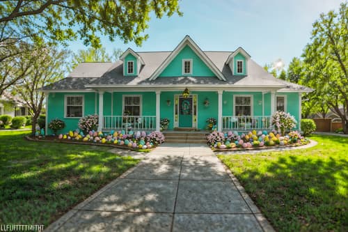 photo from pinterest of easter-style exterior designed (house exterior exterior) . with spring decorations and colorful easter eggs and light blue colors and easter decorations and flowers on table and spring decorations. . cinematic photo, highly detailed, cinematic lighting, ultra-detailed, ultrarealistic, photorealism, 8k. trending on pinterest. easter exterior design style. masterpiece, cinematic light, ultrarealistic+, photorealistic+, 8k, raw photo, realistic, sharp focus on eyes, (symmetrical eyes), (intact eyes), hyperrealistic, highest quality, best quality, , highly detailed, masterpiece, best quality, extremely detailed 8k wallpaper, masterpiece, best quality, ultra-detailed, best shadow, detailed background, detailed face, detailed eyes, high contrast, best illumination, detailed face, dulux, caustic, dynamic angle, detailed glow. dramatic lighting. highly detailed, insanely detailed hair, symmetrical, intricate details, professionally retouched, 8k high definition. strong bokeh. award winning photo.