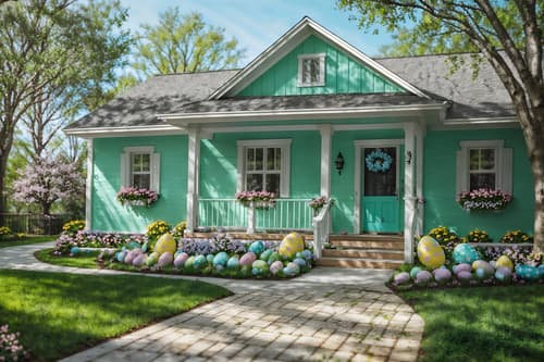 photo from pinterest of easter-style exterior designed (house exterior exterior) . with spring decorations and colorful easter eggs and light blue colors and easter decorations and flowers on table and spring decorations. . cinematic photo, highly detailed, cinematic lighting, ultra-detailed, ultrarealistic, photorealism, 8k. trending on pinterest. easter exterior design style. masterpiece, cinematic light, ultrarealistic+, photorealistic+, 8k, raw photo, realistic, sharp focus on eyes, (symmetrical eyes), (intact eyes), hyperrealistic, highest quality, best quality, , highly detailed, masterpiece, best quality, extremely detailed 8k wallpaper, masterpiece, best quality, ultra-detailed, best shadow, detailed background, detailed face, detailed eyes, high contrast, best illumination, detailed face, dulux, caustic, dynamic angle, detailed glow. dramatic lighting. highly detailed, insanely detailed hair, symmetrical, intricate details, professionally retouched, 8k high definition. strong bokeh. award winning photo.