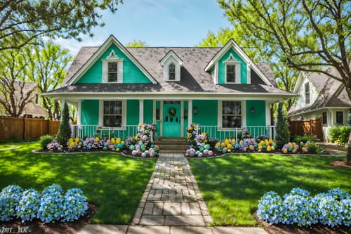 photo from pinterest of easter-style exterior designed (house exterior exterior) . with spring decorations and colorful easter eggs and light blue colors and easter decorations and flowers on table and spring decorations. . cinematic photo, highly detailed, cinematic lighting, ultra-detailed, ultrarealistic, photorealism, 8k. trending on pinterest. easter exterior design style. masterpiece, cinematic light, ultrarealistic+, photorealistic+, 8k, raw photo, realistic, sharp focus on eyes, (symmetrical eyes), (intact eyes), hyperrealistic, highest quality, best quality, , highly detailed, masterpiece, best quality, extremely detailed 8k wallpaper, masterpiece, best quality, ultra-detailed, best shadow, detailed background, detailed face, detailed eyes, high contrast, best illumination, detailed face, dulux, caustic, dynamic angle, detailed glow. dramatic lighting. highly detailed, insanely detailed hair, symmetrical, intricate details, professionally retouched, 8k high definition. strong bokeh. award winning photo.