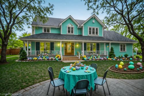 photo from pinterest of easter-style exterior designed (house exterior exterior) . with spring decorations and colorful easter eggs and light blue colors and easter decorations and flowers on table and spring decorations. . cinematic photo, highly detailed, cinematic lighting, ultra-detailed, ultrarealistic, photorealism, 8k. trending on pinterest. easter exterior design style. masterpiece, cinematic light, ultrarealistic+, photorealistic+, 8k, raw photo, realistic, sharp focus on eyes, (symmetrical eyes), (intact eyes), hyperrealistic, highest quality, best quality, , highly detailed, masterpiece, best quality, extremely detailed 8k wallpaper, masterpiece, best quality, ultra-detailed, best shadow, detailed background, detailed face, detailed eyes, high contrast, best illumination, detailed face, dulux, caustic, dynamic angle, detailed glow. dramatic lighting. highly detailed, insanely detailed hair, symmetrical, intricate details, professionally retouched, 8k high definition. strong bokeh. award winning photo.