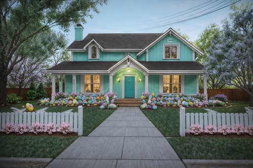 photo from pinterest of easter-style exterior designed (house exterior exterior) . with spring decorations and colorful easter eggs and light blue colors and easter decorations and flowers on table and spring decorations. . cinematic photo, highly detailed, cinematic lighting, ultra-detailed, ultrarealistic, photorealism, 8k. trending on pinterest. easter exterior design style. masterpiece, cinematic light, ultrarealistic+, photorealistic+, 8k, raw photo, realistic, sharp focus on eyes, (symmetrical eyes), (intact eyes), hyperrealistic, highest quality, best quality, , highly detailed, masterpiece, best quality, extremely detailed 8k wallpaper, masterpiece, best quality, ultra-detailed, best shadow, detailed background, detailed face, detailed eyes, high contrast, best illumination, detailed face, dulux, caustic, dynamic angle, detailed glow. dramatic lighting. highly detailed, insanely detailed hair, symmetrical, intricate details, professionally retouched, 8k high definition. strong bokeh. award winning photo.