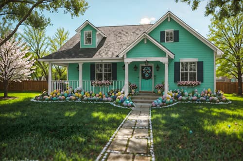 photo from pinterest of easter-style exterior designed (house exterior exterior) . with spring decorations and colorful easter eggs and light blue colors and easter decorations and flowers on table and spring decorations. . cinematic photo, highly detailed, cinematic lighting, ultra-detailed, ultrarealistic, photorealism, 8k. trending on pinterest. easter exterior design style. masterpiece, cinematic light, ultrarealistic+, photorealistic+, 8k, raw photo, realistic, sharp focus on eyes, (symmetrical eyes), (intact eyes), hyperrealistic, highest quality, best quality, , highly detailed, masterpiece, best quality, extremely detailed 8k wallpaper, masterpiece, best quality, ultra-detailed, best shadow, detailed background, detailed face, detailed eyes, high contrast, best illumination, detailed face, dulux, caustic, dynamic angle, detailed glow. dramatic lighting. highly detailed, insanely detailed hair, symmetrical, intricate details, professionally retouched, 8k high definition. strong bokeh. award winning photo.