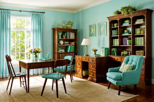 photo from pinterest of easter-style interior designed (study room interior) with lounge chair and cabinets and desk lamp and plant and office chair and bookshelves and writing desk and lounge chair. . with flowers on table and easter decorations and colorful easter eggs and light blue colors and spring decorations and flowers on table. . cinematic photo, highly detailed, cinematic lighting, ultra-detailed, ultrarealistic, photorealism, 8k. trending on pinterest. easter interior design style. masterpiece, cinematic light, ultrarealistic+, photorealistic+, 8k, raw photo, realistic, sharp focus on eyes, (symmetrical eyes), (intact eyes), hyperrealistic, highest quality, best quality, , highly detailed, masterpiece, best quality, extremely detailed 8k wallpaper, masterpiece, best quality, ultra-detailed, best shadow, detailed background, detailed face, detailed eyes, high contrast, best illumination, detailed face, dulux, caustic, dynamic angle, detailed glow. dramatic lighting. highly detailed, insanely detailed hair, symmetrical, intricate details, professionally retouched, 8k high definition. strong bokeh. award winning photo.
