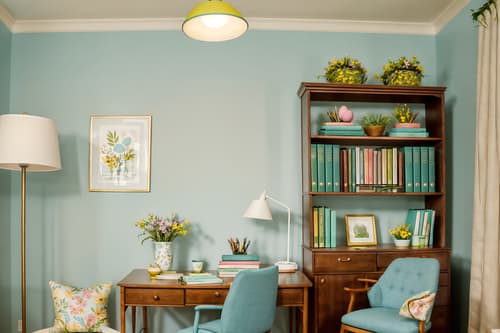 photo from pinterest of easter-style interior designed (study room interior) with lounge chair and cabinets and desk lamp and plant and office chair and bookshelves and writing desk and lounge chair. . with flowers on table and easter decorations and colorful easter eggs and light blue colors and spring decorations and flowers on table. . cinematic photo, highly detailed, cinematic lighting, ultra-detailed, ultrarealistic, photorealism, 8k. trending on pinterest. easter interior design style. masterpiece, cinematic light, ultrarealistic+, photorealistic+, 8k, raw photo, realistic, sharp focus on eyes, (symmetrical eyes), (intact eyes), hyperrealistic, highest quality, best quality, , highly detailed, masterpiece, best quality, extremely detailed 8k wallpaper, masterpiece, best quality, ultra-detailed, best shadow, detailed background, detailed face, detailed eyes, high contrast, best illumination, detailed face, dulux, caustic, dynamic angle, detailed glow. dramatic lighting. highly detailed, insanely detailed hair, symmetrical, intricate details, professionally retouched, 8k high definition. strong bokeh. award winning photo.
