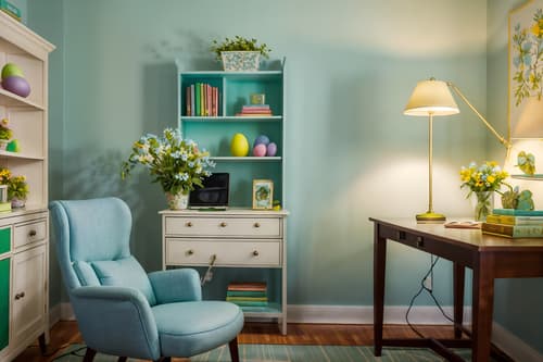 photo from pinterest of easter-style interior designed (study room interior) with lounge chair and cabinets and desk lamp and plant and office chair and bookshelves and writing desk and lounge chair. . with flowers on table and easter decorations and colorful easter eggs and light blue colors and spring decorations and flowers on table. . cinematic photo, highly detailed, cinematic lighting, ultra-detailed, ultrarealistic, photorealism, 8k. trending on pinterest. easter interior design style. masterpiece, cinematic light, ultrarealistic+, photorealistic+, 8k, raw photo, realistic, sharp focus on eyes, (symmetrical eyes), (intact eyes), hyperrealistic, highest quality, best quality, , highly detailed, masterpiece, best quality, extremely detailed 8k wallpaper, masterpiece, best quality, ultra-detailed, best shadow, detailed background, detailed face, detailed eyes, high contrast, best illumination, detailed face, dulux, caustic, dynamic angle, detailed glow. dramatic lighting. highly detailed, insanely detailed hair, symmetrical, intricate details, professionally retouched, 8k high definition. strong bokeh. award winning photo.