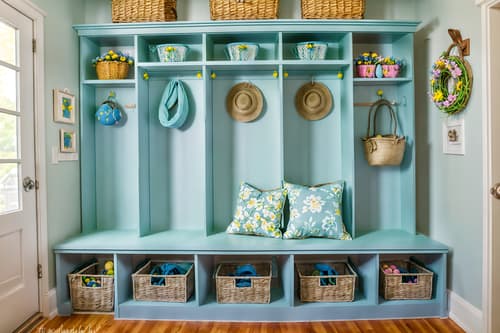 photo from pinterest of easter-style interior designed (mudroom interior) with a bench and cubbies and storage drawers and wall hooks for coats and cabinets and shelves for shoes and storage baskets and high up storage. . with spring decorations and light blue colors and colorful easter eggs and flowers on table and easter decorations and spring decorations. . cinematic photo, highly detailed, cinematic lighting, ultra-detailed, ultrarealistic, photorealism, 8k. trending on pinterest. easter interior design style. masterpiece, cinematic light, ultrarealistic+, photorealistic+, 8k, raw photo, realistic, sharp focus on eyes, (symmetrical eyes), (intact eyes), hyperrealistic, highest quality, best quality, , highly detailed, masterpiece, best quality, extremely detailed 8k wallpaper, masterpiece, best quality, ultra-detailed, best shadow, detailed background, detailed face, detailed eyes, high contrast, best illumination, detailed face, dulux, caustic, dynamic angle, detailed glow. dramatic lighting. highly detailed, insanely detailed hair, symmetrical, intricate details, professionally retouched, 8k high definition. strong bokeh. award winning photo.