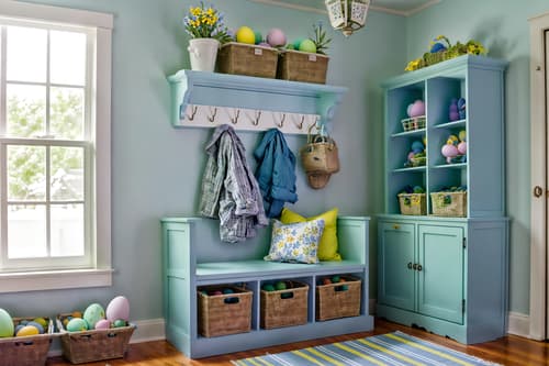 photo from pinterest of easter-style interior designed (mudroom interior) with a bench and cubbies and storage drawers and wall hooks for coats and cabinets and shelves for shoes and storage baskets and high up storage. . with spring decorations and light blue colors and colorful easter eggs and flowers on table and easter decorations and spring decorations. . cinematic photo, highly detailed, cinematic lighting, ultra-detailed, ultrarealistic, photorealism, 8k. trending on pinterest. easter interior design style. masterpiece, cinematic light, ultrarealistic+, photorealistic+, 8k, raw photo, realistic, sharp focus on eyes, (symmetrical eyes), (intact eyes), hyperrealistic, highest quality, best quality, , highly detailed, masterpiece, best quality, extremely detailed 8k wallpaper, masterpiece, best quality, ultra-detailed, best shadow, detailed background, detailed face, detailed eyes, high contrast, best illumination, detailed face, dulux, caustic, dynamic angle, detailed glow. dramatic lighting. highly detailed, insanely detailed hair, symmetrical, intricate details, professionally retouched, 8k high definition. strong bokeh. award winning photo.