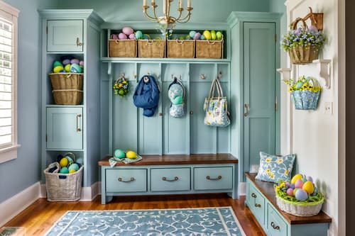 photo from pinterest of easter-style interior designed (mudroom interior) with a bench and cubbies and storage drawers and wall hooks for coats and cabinets and shelves for shoes and storage baskets and high up storage. . with spring decorations and light blue colors and colorful easter eggs and flowers on table and easter decorations and spring decorations. . cinematic photo, highly detailed, cinematic lighting, ultra-detailed, ultrarealistic, photorealism, 8k. trending on pinterest. easter interior design style. masterpiece, cinematic light, ultrarealistic+, photorealistic+, 8k, raw photo, realistic, sharp focus on eyes, (symmetrical eyes), (intact eyes), hyperrealistic, highest quality, best quality, , highly detailed, masterpiece, best quality, extremely detailed 8k wallpaper, masterpiece, best quality, ultra-detailed, best shadow, detailed background, detailed face, detailed eyes, high contrast, best illumination, detailed face, dulux, caustic, dynamic angle, detailed glow. dramatic lighting. highly detailed, insanely detailed hair, symmetrical, intricate details, professionally retouched, 8k high definition. strong bokeh. award winning photo.